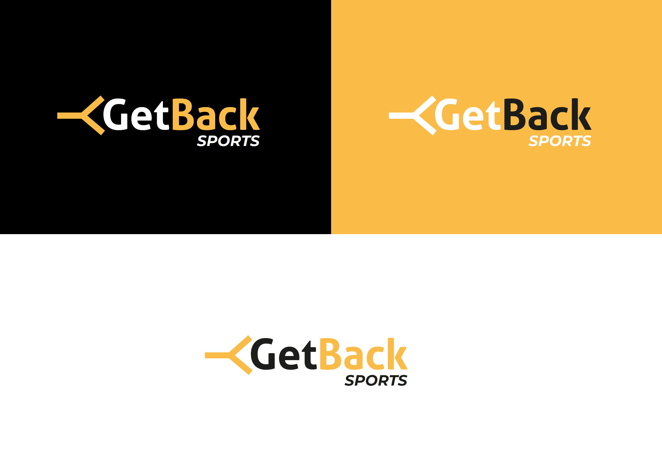Logo GetBack Sports — déclinaisons sur fond noir, jaune et blanc