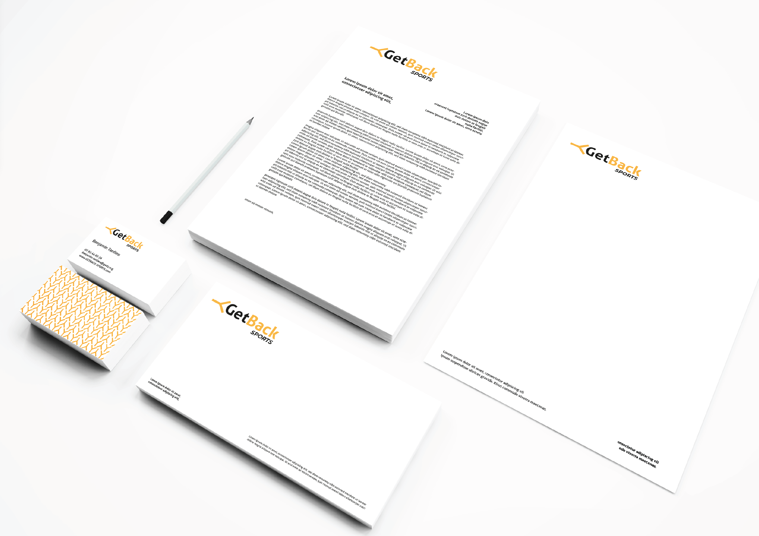 Papeterie institutionnelle GetBack Sports — cartes de visite, papier à en-tête et enveloppes