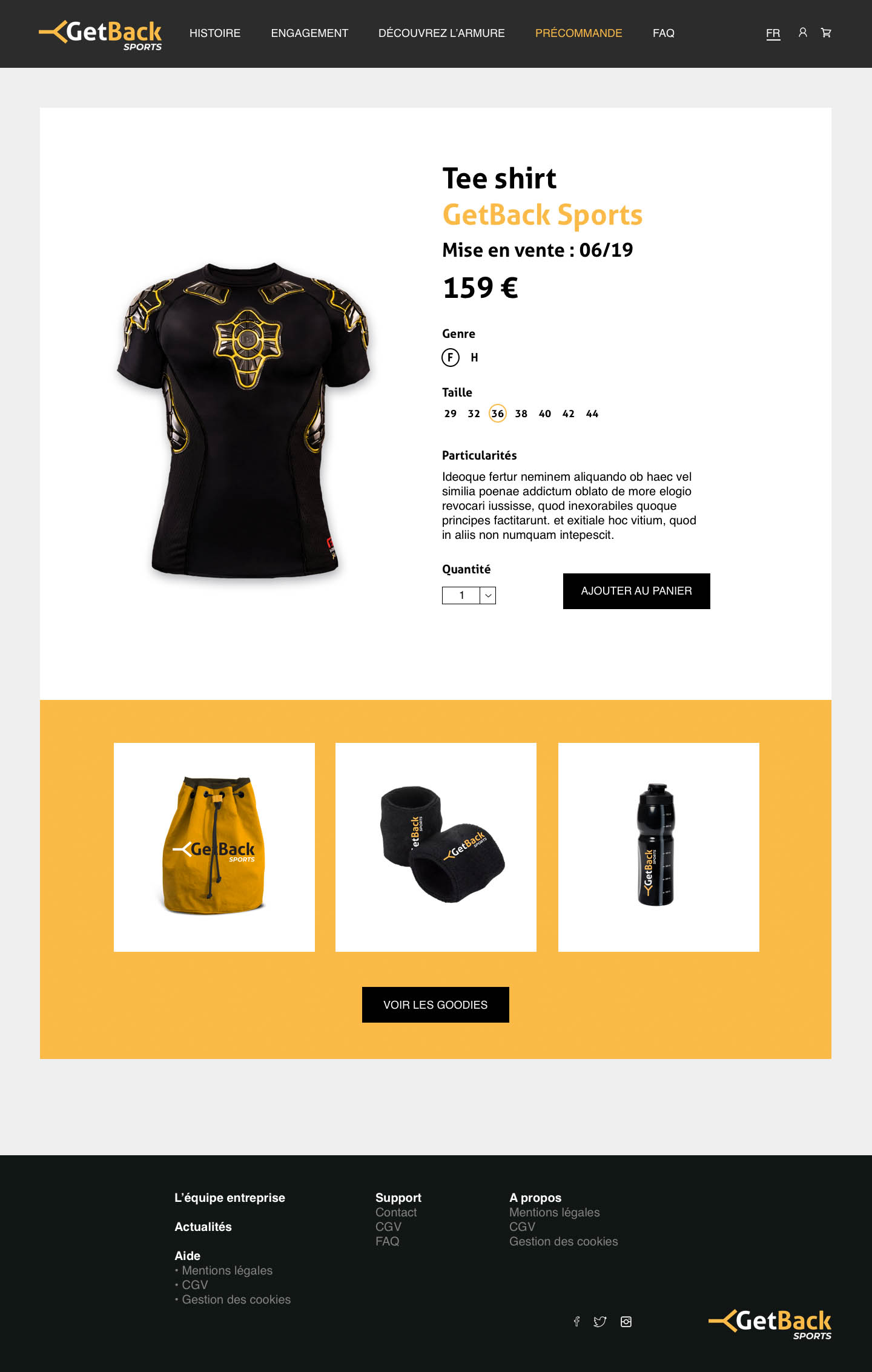 Site web GetBack Sports — page produit et précommande