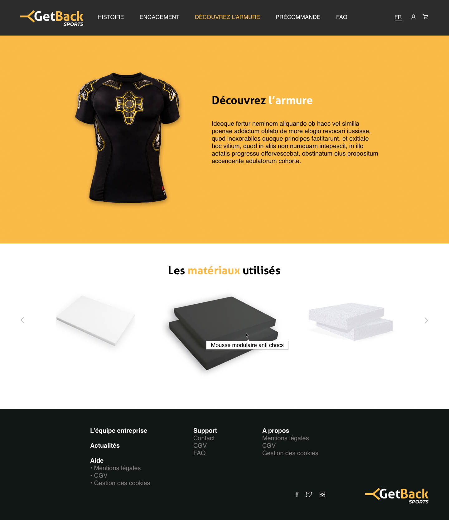 Site web GetBack Sports — page découvrez l'armure et matériaux