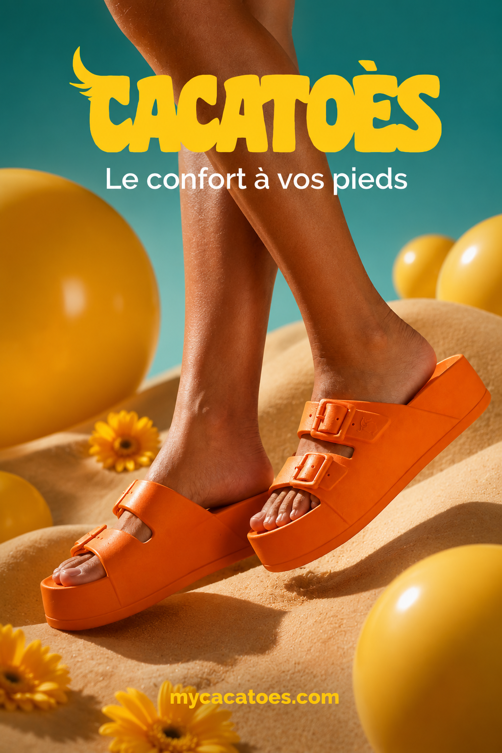 Campagne sandales IA — univers pop orange et jaune