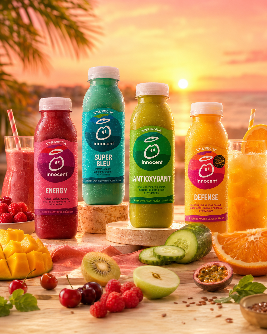Campagne smoothies IA — gamme colorée au coucher de soleil