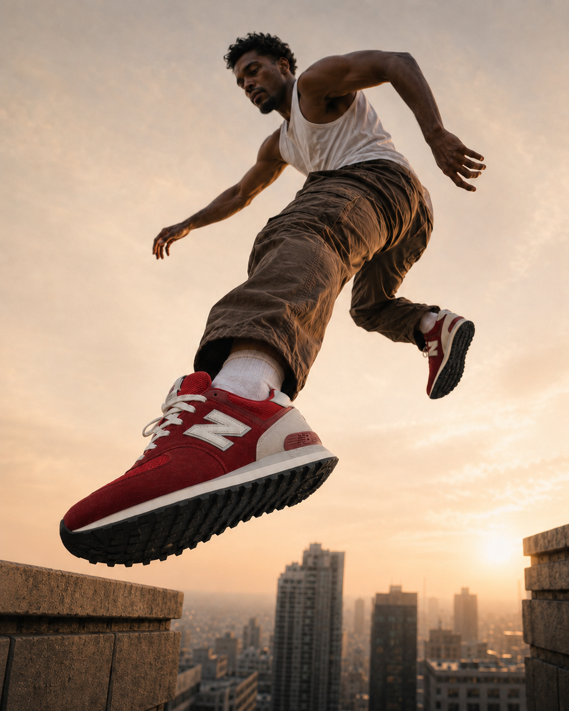 Campagne sneakers IA — saut urbain au coucher de soleil
