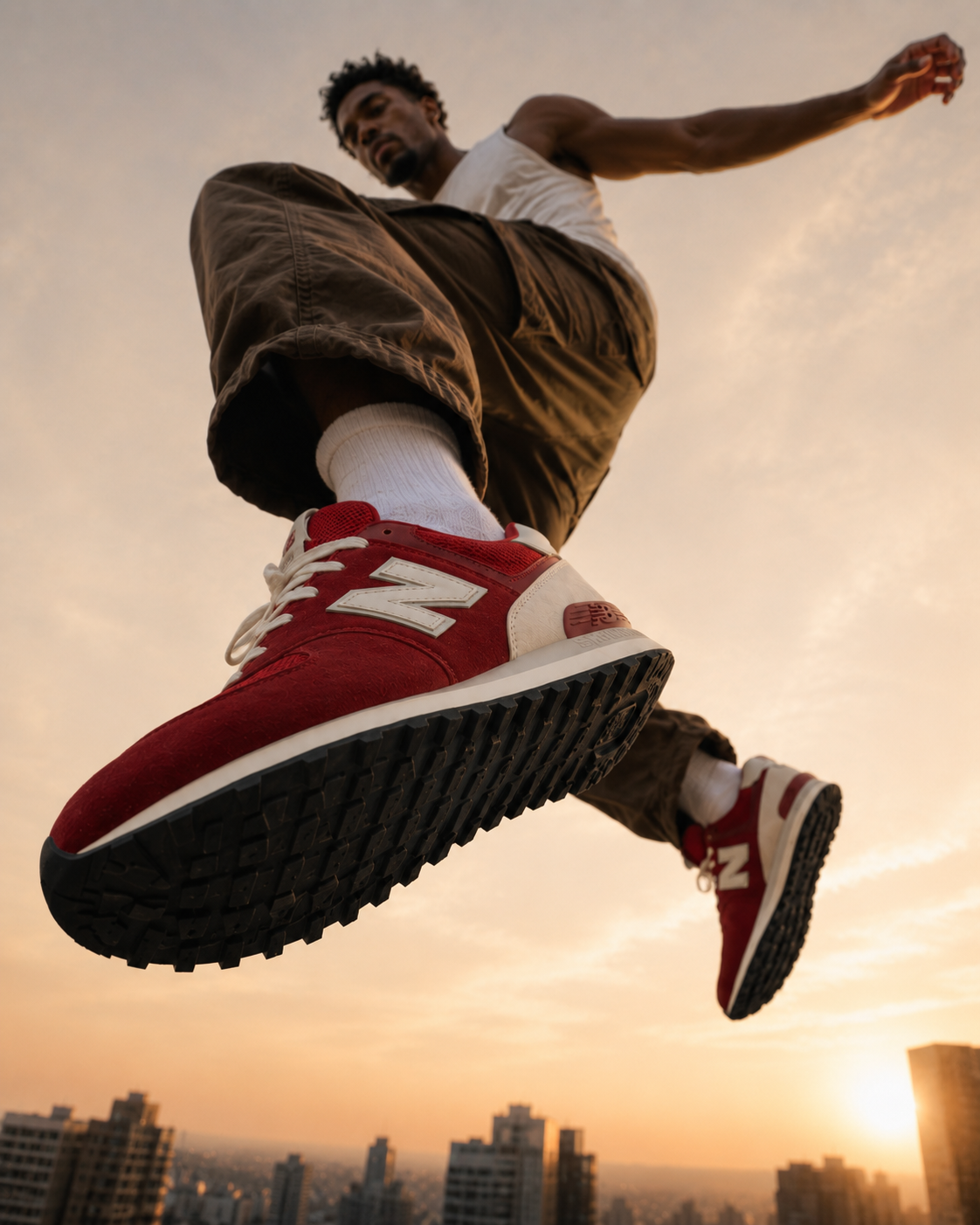 Campagne sneakers IA — contre-plongée sur le saut
