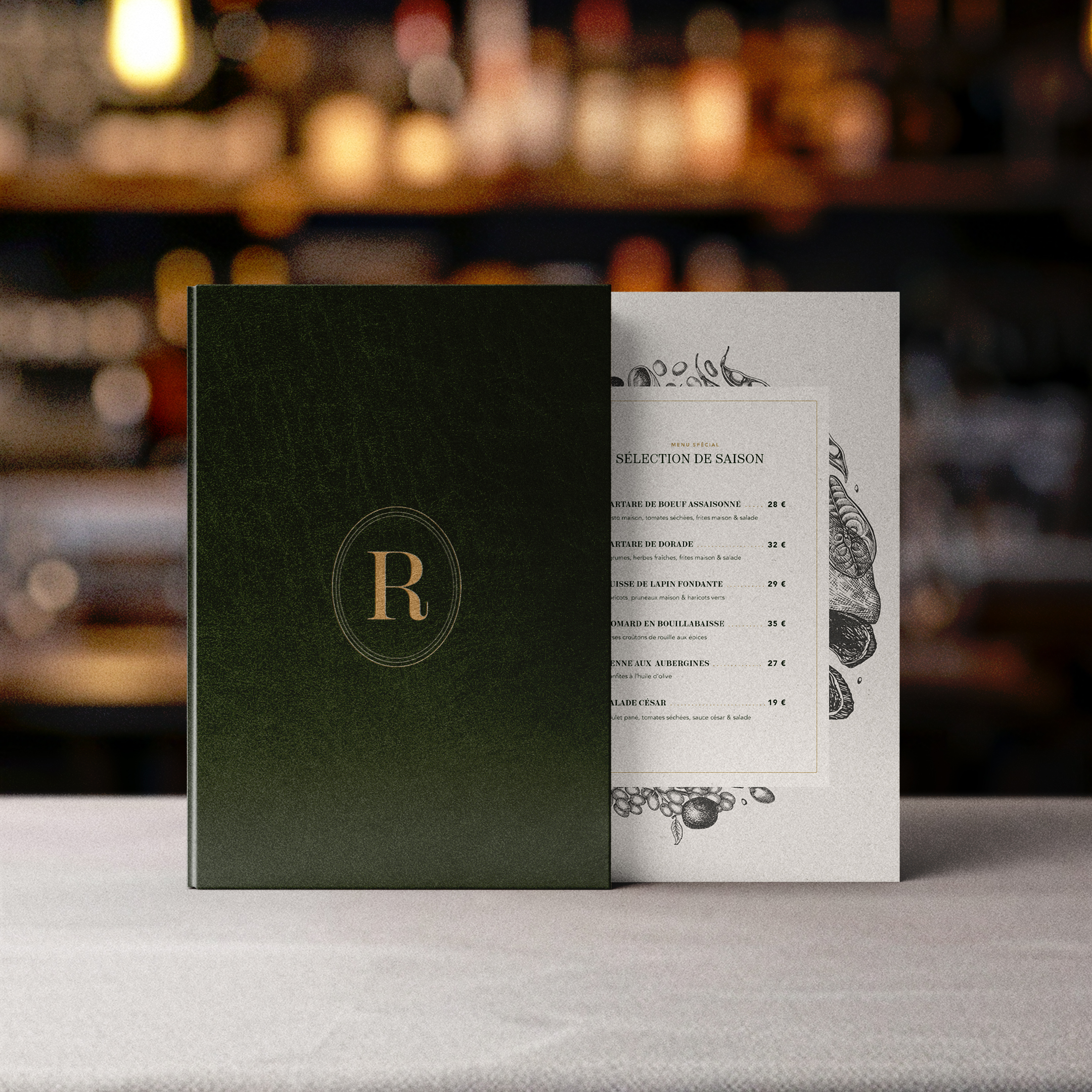 Mockup du menu du restaurant — sélection de saison