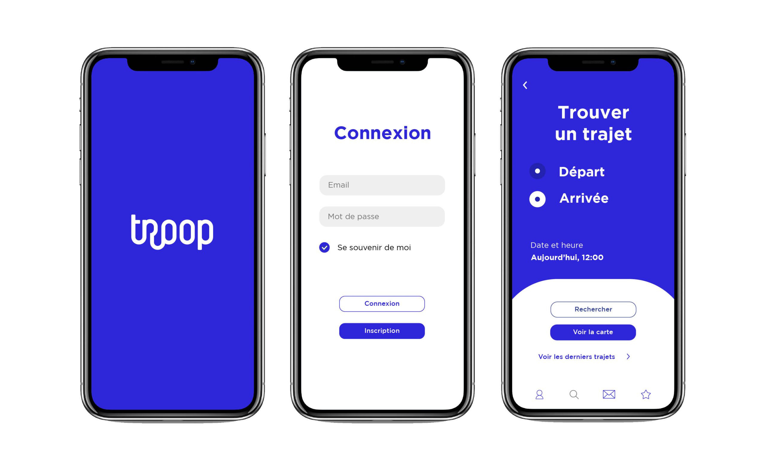 Application Troop — écrans splash, connexion et recherche de trajet