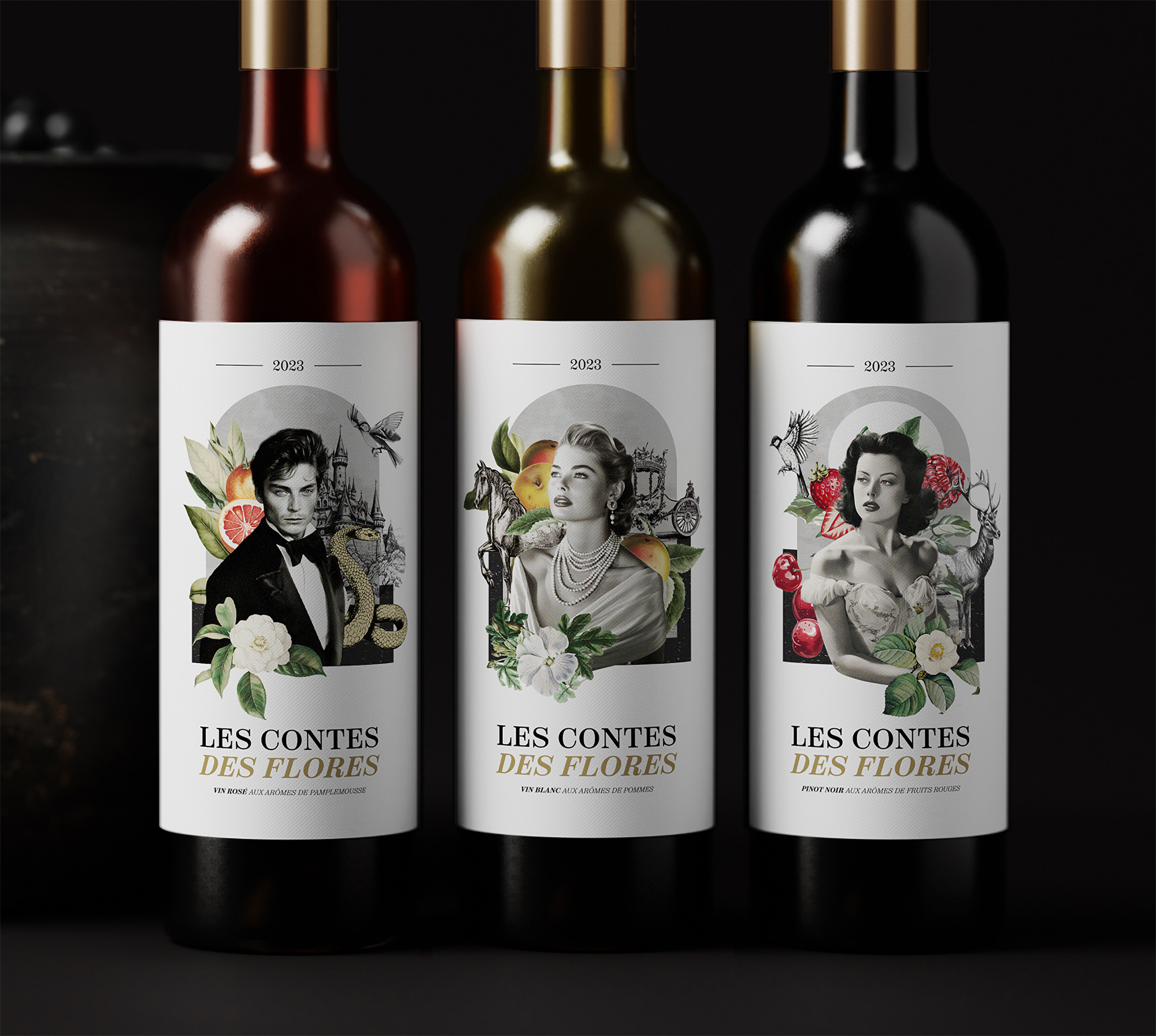 Les Contes des Flores — gamme de trois bouteilles : rosé, blanc et pinot noir