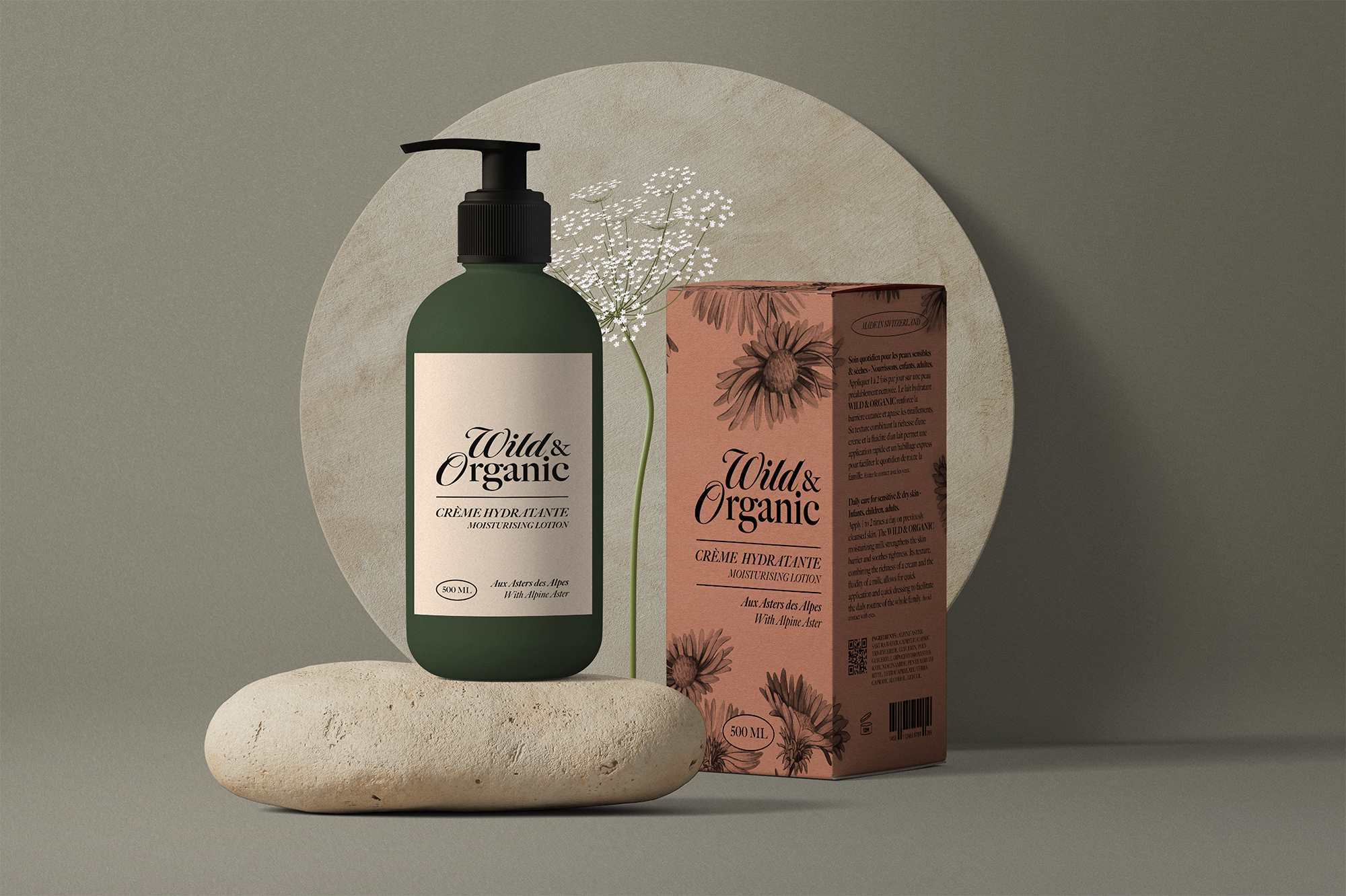 Packaging Wild & Organic — flacon crème hydratante et étui illustré