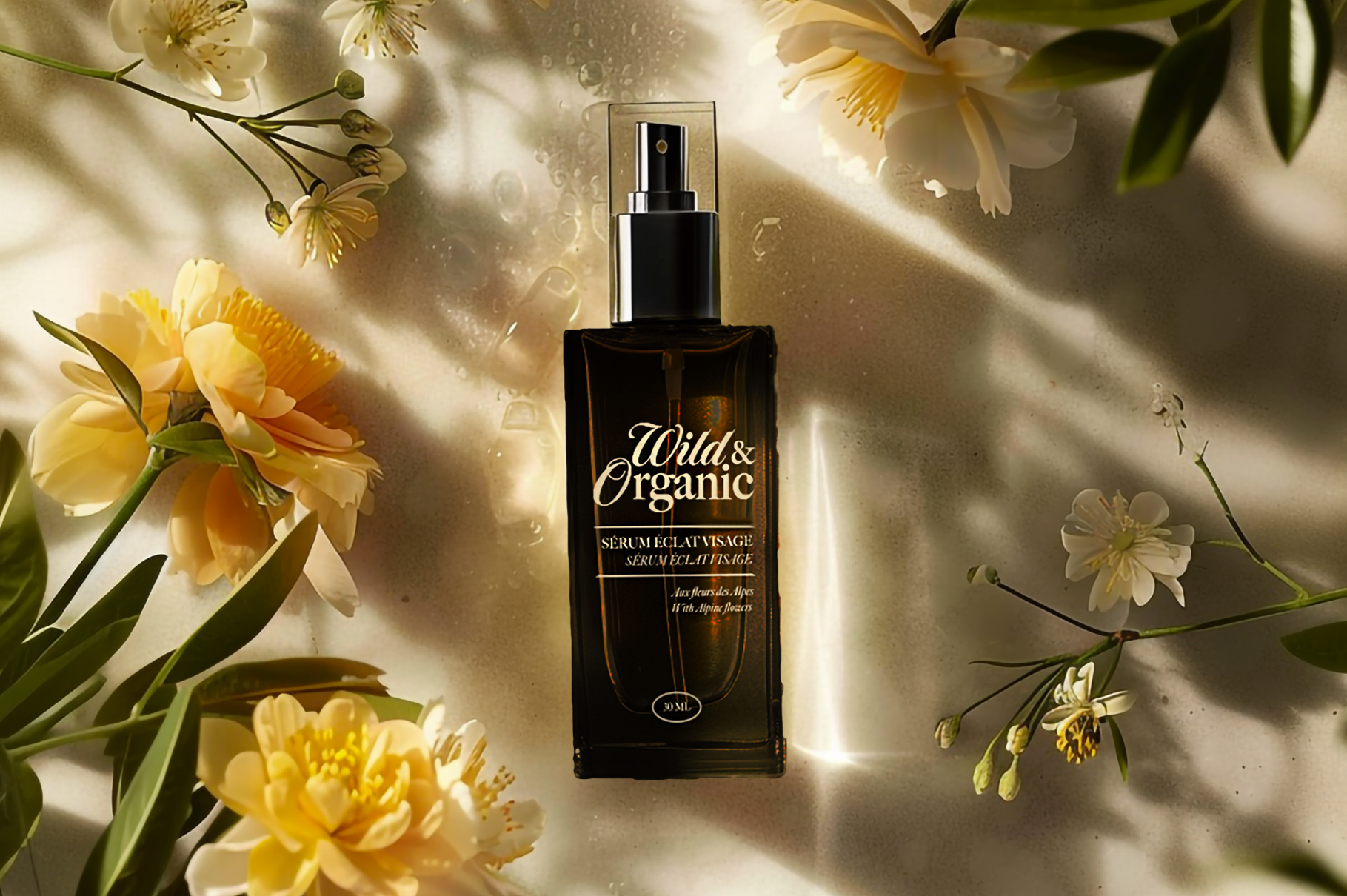 Sérum éclat visage — flacon sombre entouré de fleurs